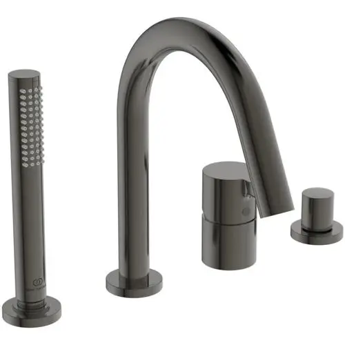Armatur in Magnetgrau von Ideal Standard, bestehend aus einem gebogenen Wasserhahn, einem separaten Handbrause-Anschluss und zwei Steuergriffen für die Wassertemperatur.